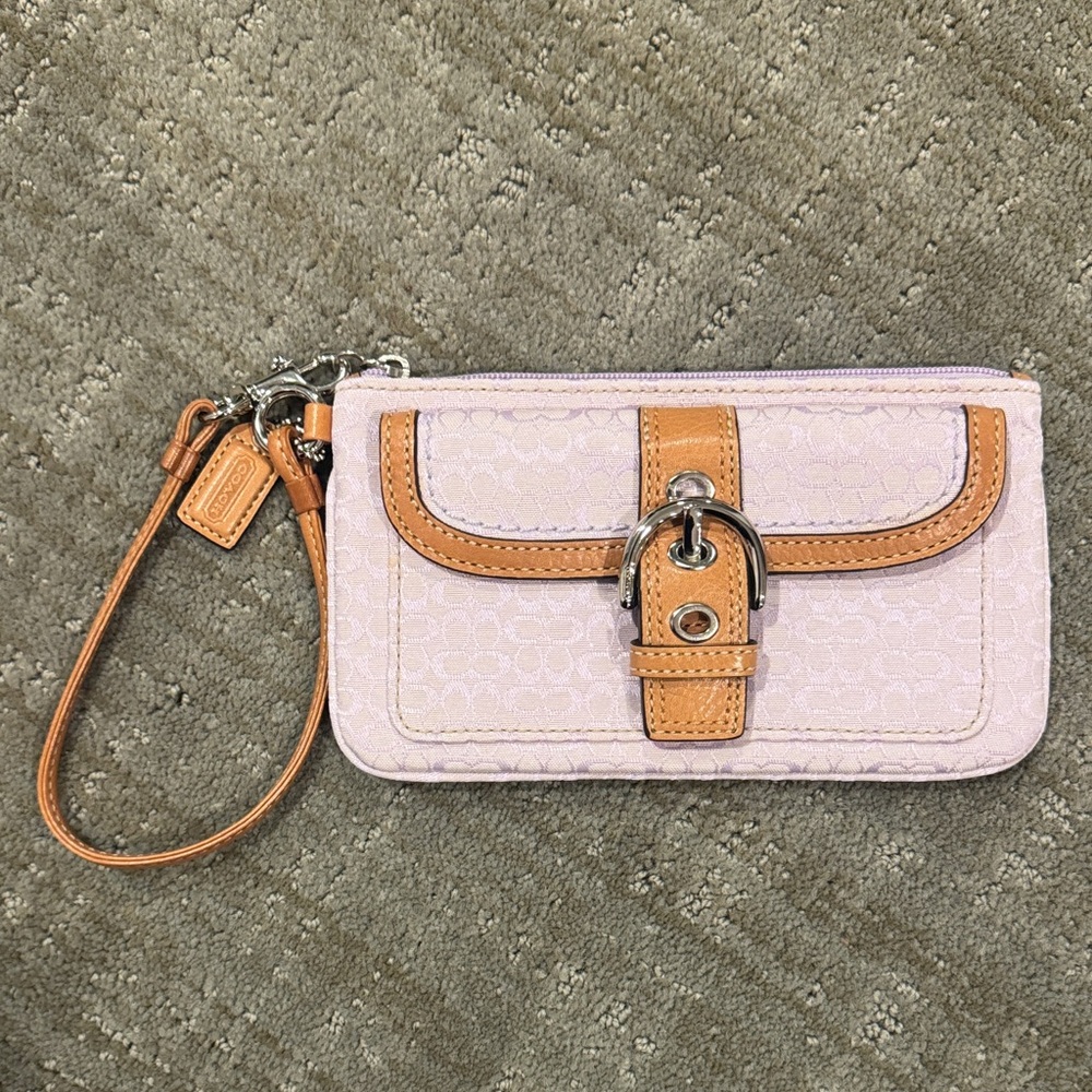Coach Soho Signature Jacquard Buckle Wristlet in lavender and brown